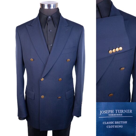 Joseph Turner Navy Blue Double Breasted Gold Buttons Sz 40R Sport Coat Blazer - Picture 1 of 13